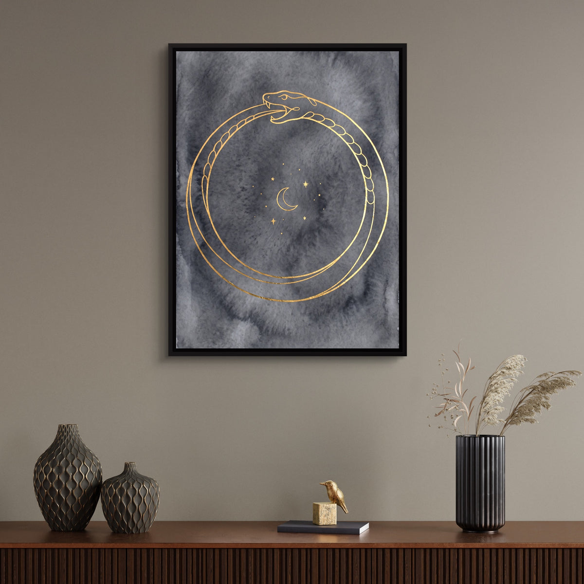 Golden Ouroboros Night — golden ouroboros night sq wall desk bird 1port framed black