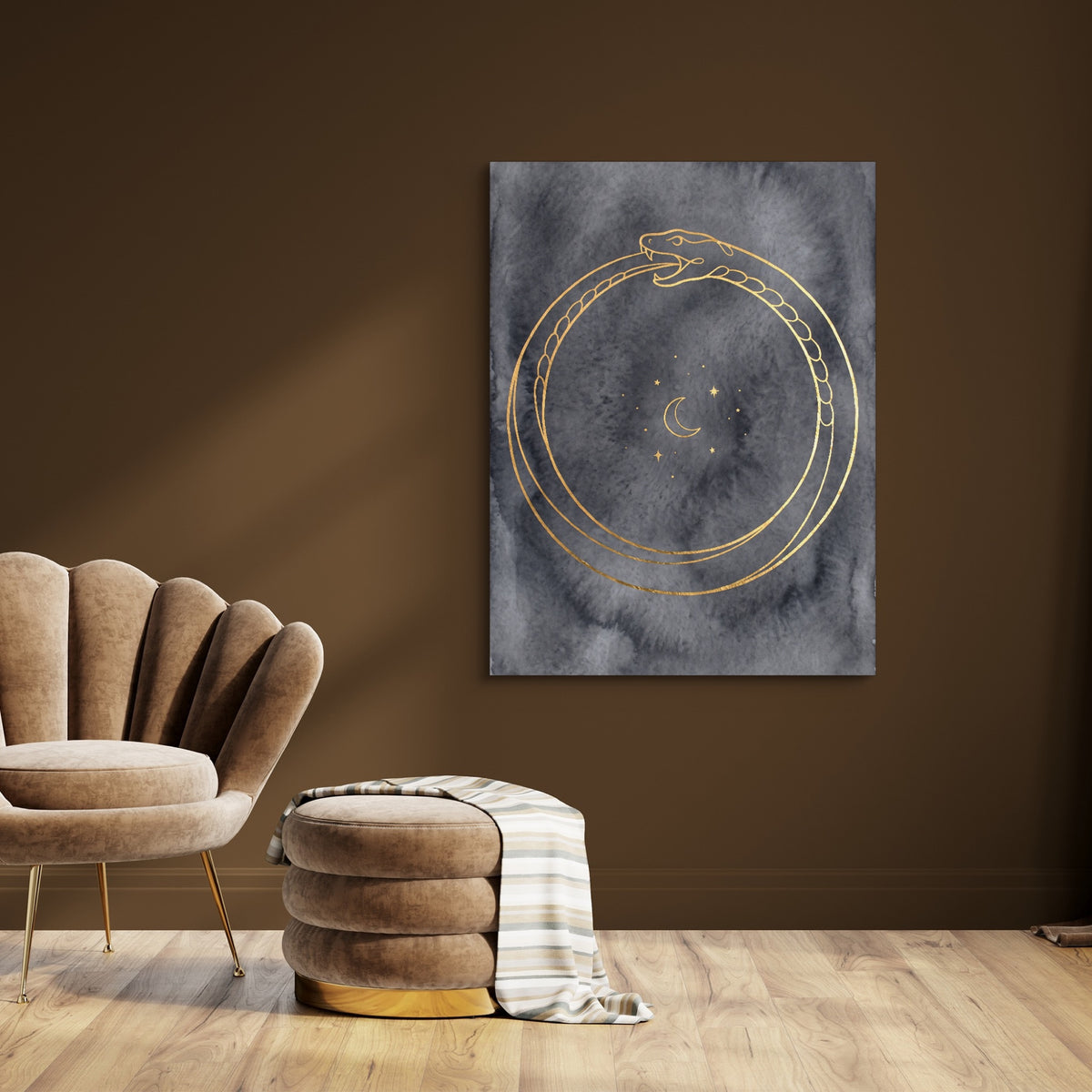 Golden Ouroboros Night — golden ouroboros night sq brown room 1port flush print