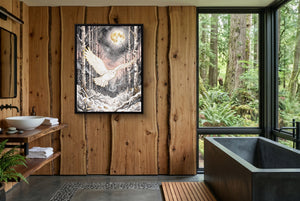 Golden Owl Flight — golden owl flight wooden bathroom with window 1port framed black