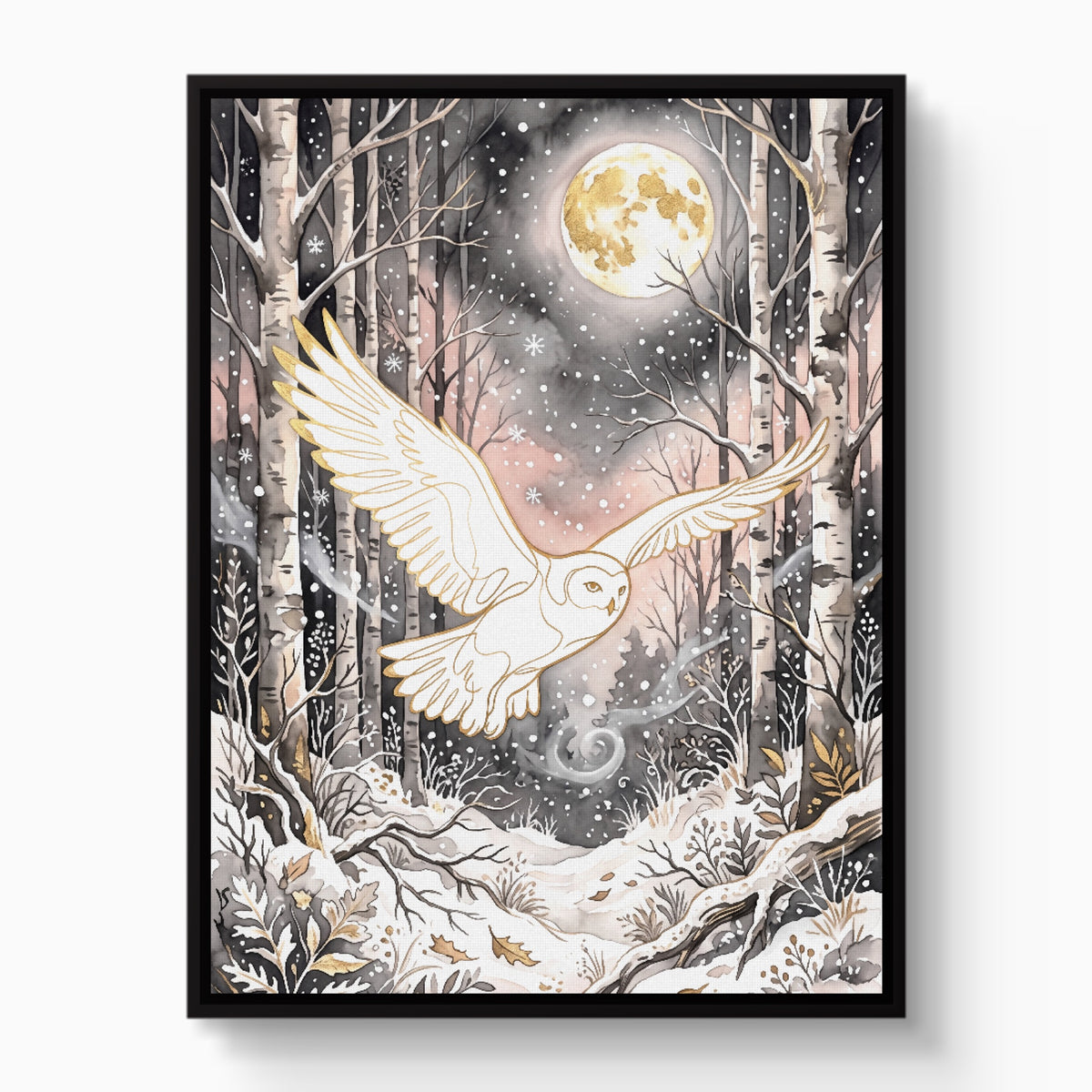 Golden Owl Flight — golden owl flight white studio framed black