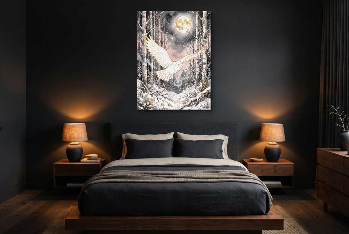 Golden Owl Flight — golden owl flight bedroom with dark walls 1port flush print