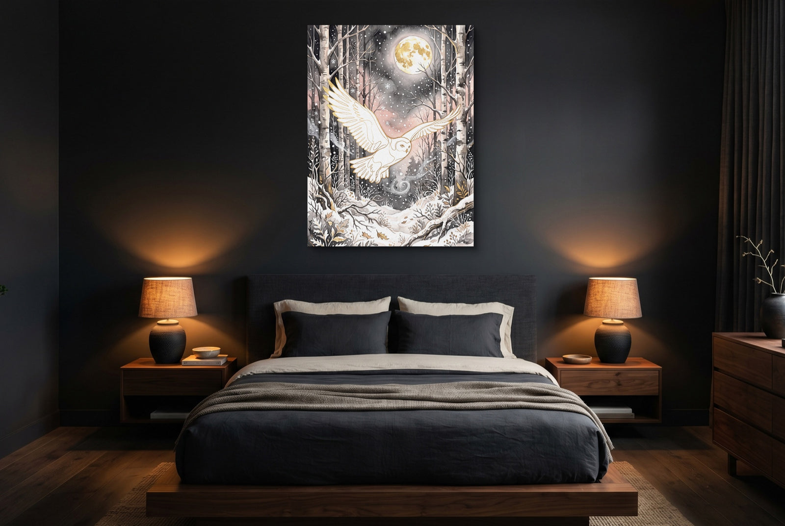 Golden Owl Flight — golden owl flight white studio framed black