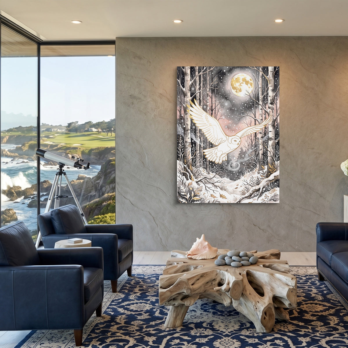 Golden Owl Flight — golden owl flight sq coastal views 1port flush print