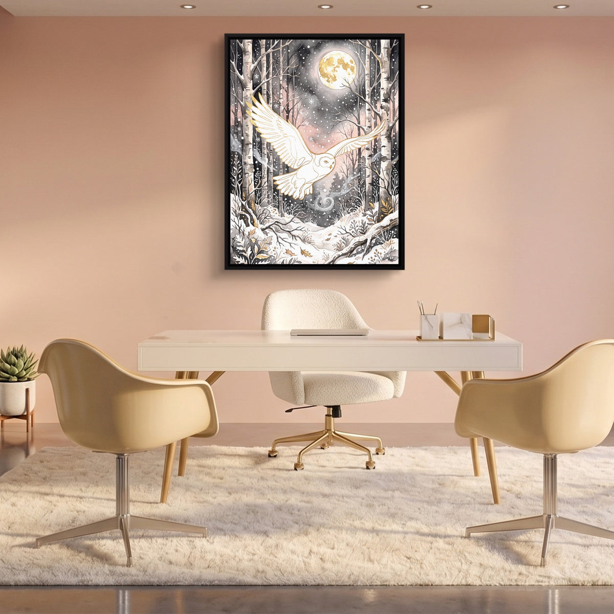 Golden Owl Flight — golden owl flight sq pink office 1port framed black