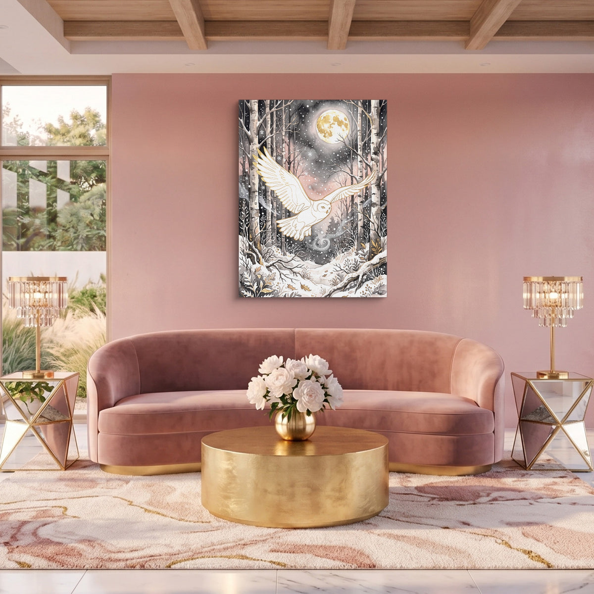 Golden Owl Flight — golden owl flight sq pink pleasure 1port flush print