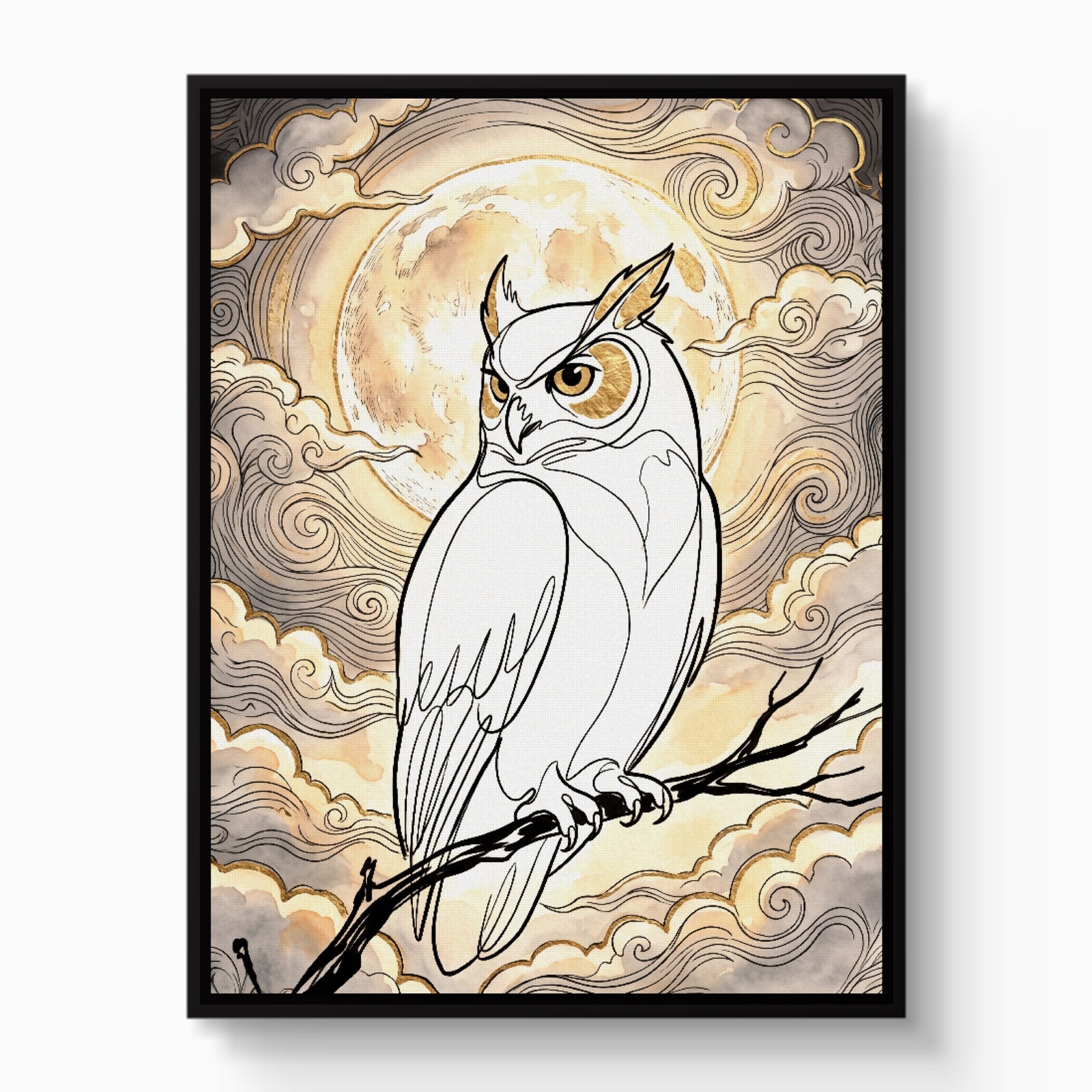 Golden Owl Moonlight — golden owl moonlight white studio framed black