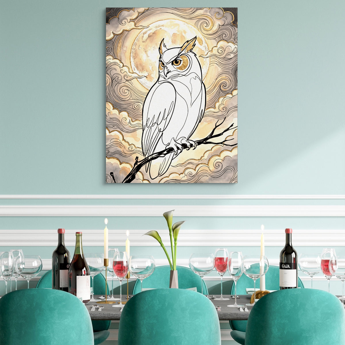 Golden Owl Moonlight — golden owl moonlight sq teal dining room 1port flush print
