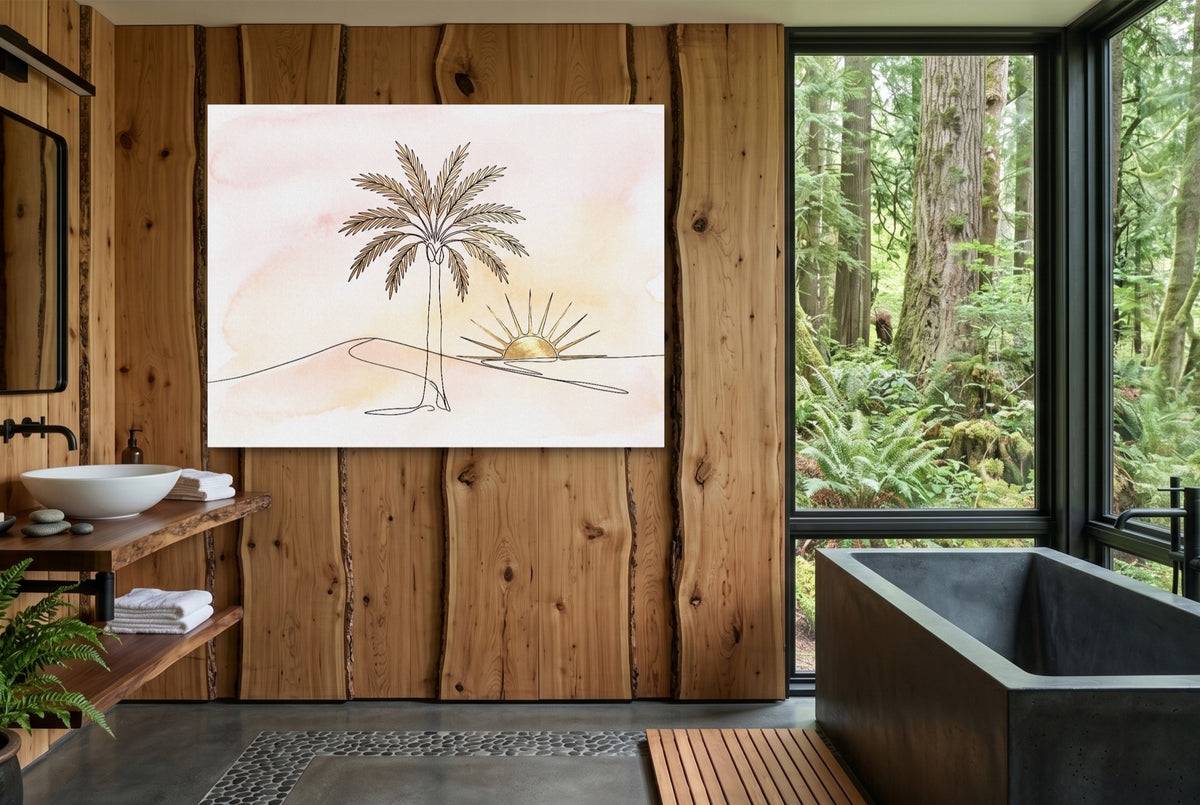 Golden Palm Sunset — golden palm sunset wooden bathroom with window 1land flush print