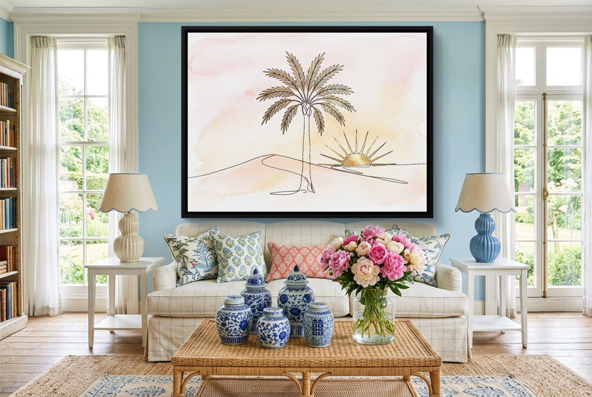 Golden Palm Sunset — golden palm sunset living room interior 3 1land framed black