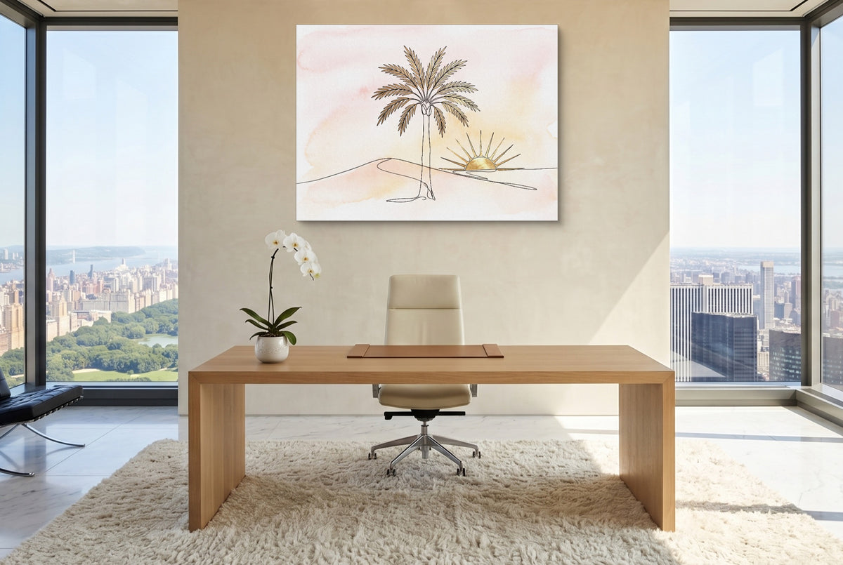 Golden Palm Sunset — golden palm sunset office with city view 5 1land flush print