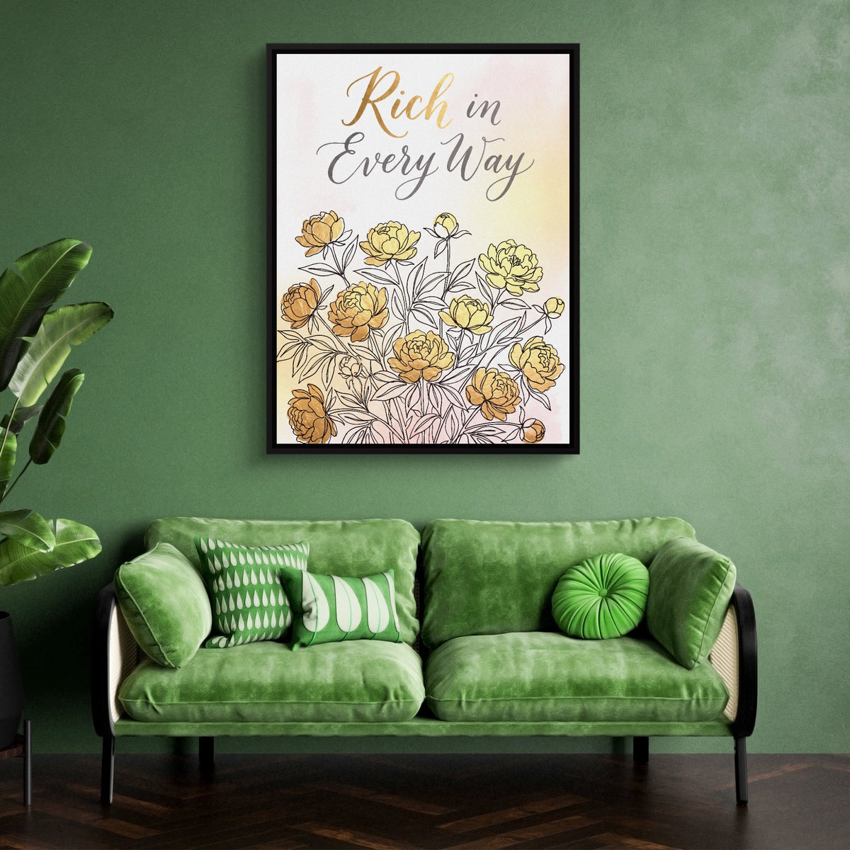 Golden Peonies Bloom — golden peonies bloom sq green couch 1port framed black