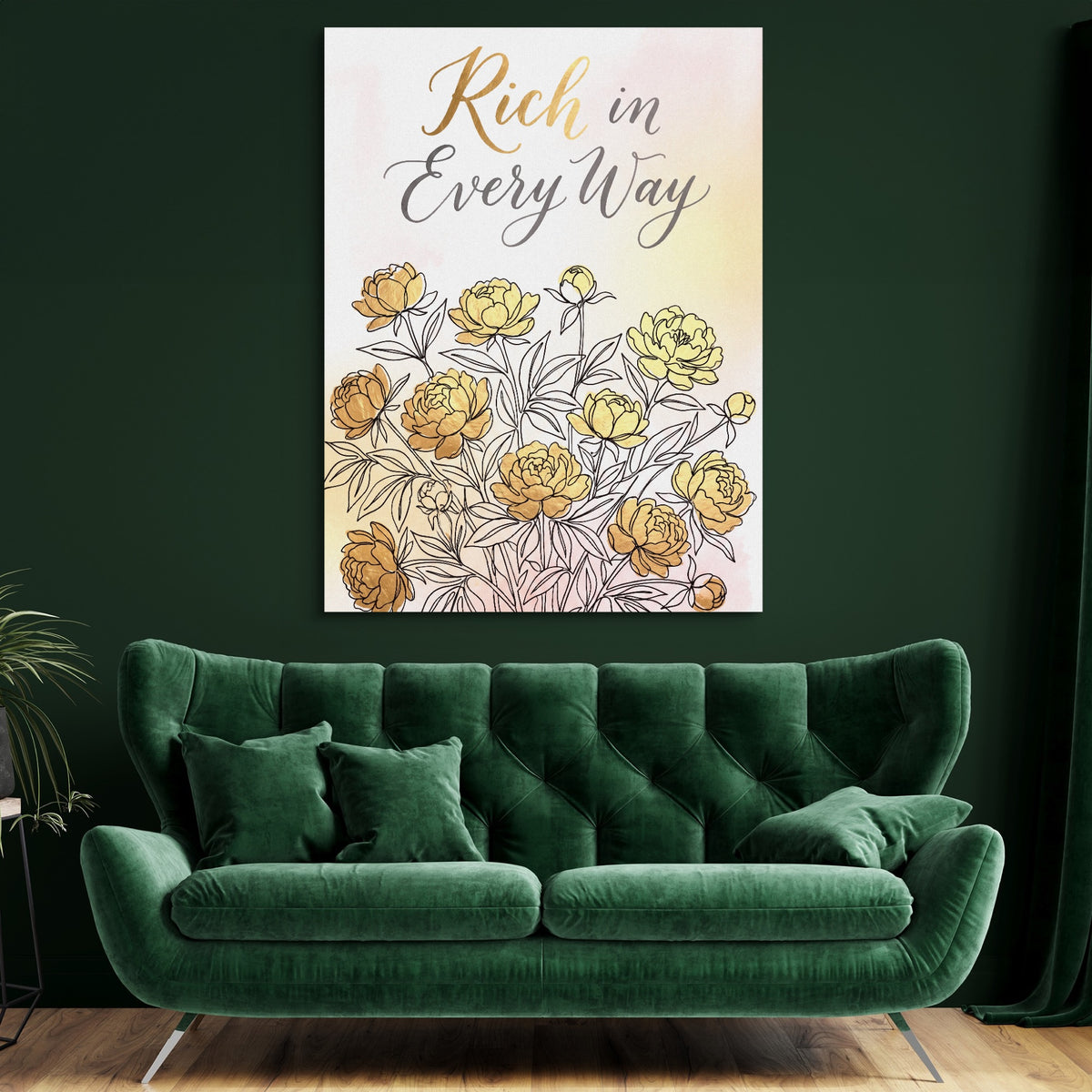 Golden Peonies Bloom — golden peonies bloom sq green room 2 1port flush print