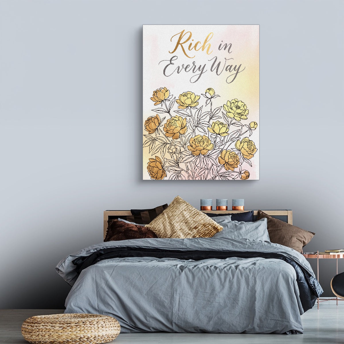 Golden Peonies Bloom — golden peonies bloom sq land comfortable bedroom 1port flush print