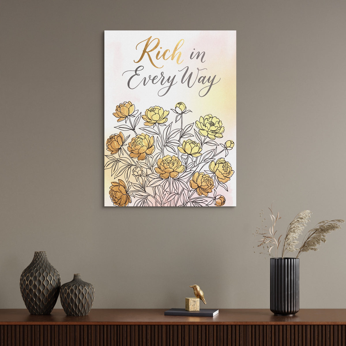 Golden Peonies Bloom — golden peonies bloom sq wall desk bird 1port flush print