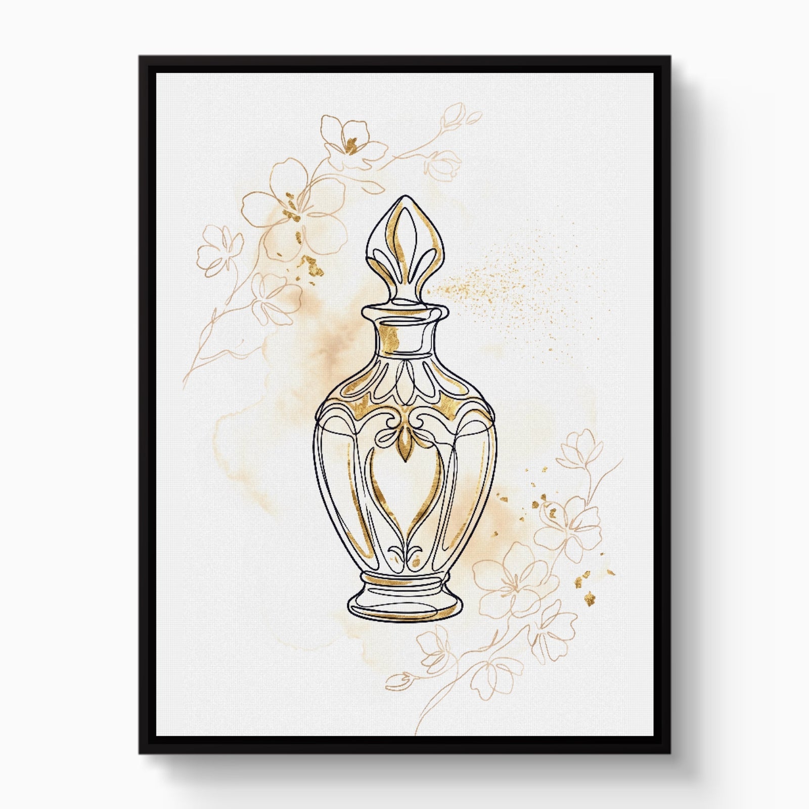 Golden Perfume Bottle — golden perfume bottle white studio framed black