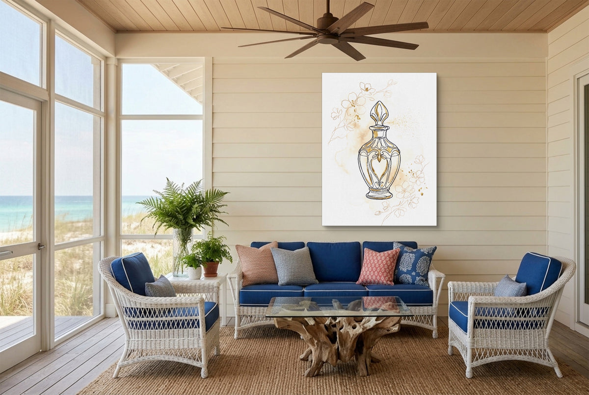 Golden Perfume Bottle — golden perfume bottle living room with couch 2 1port flush print