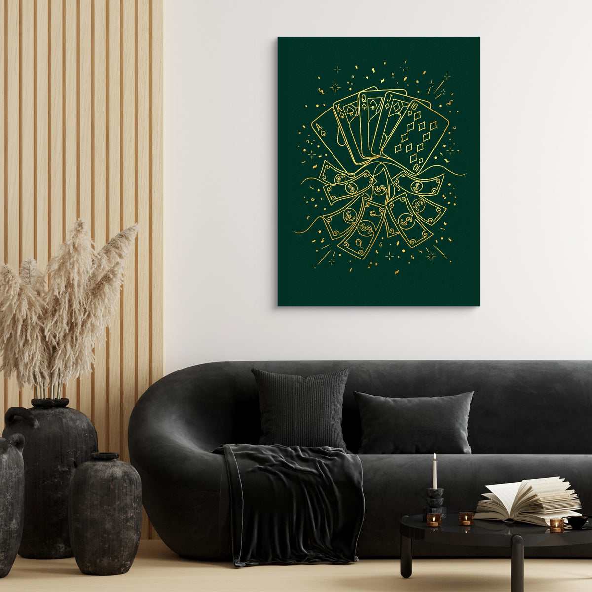 Golden Poker Riches — golden poker riches sq black couch and wood walls 1port flush print