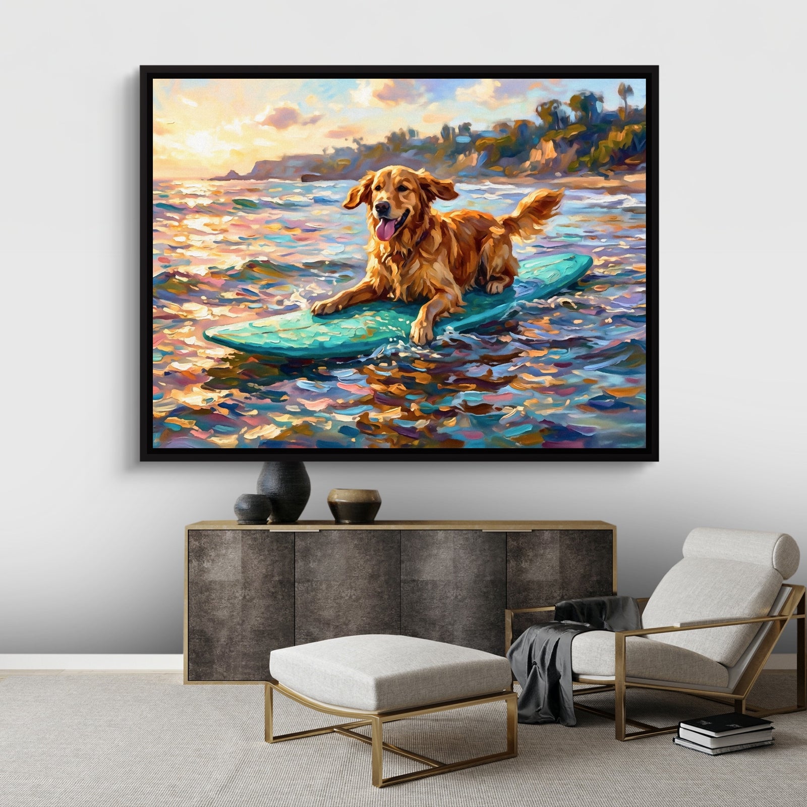 Golden Retriever Surfing — golden retriever surfing white studio framed black