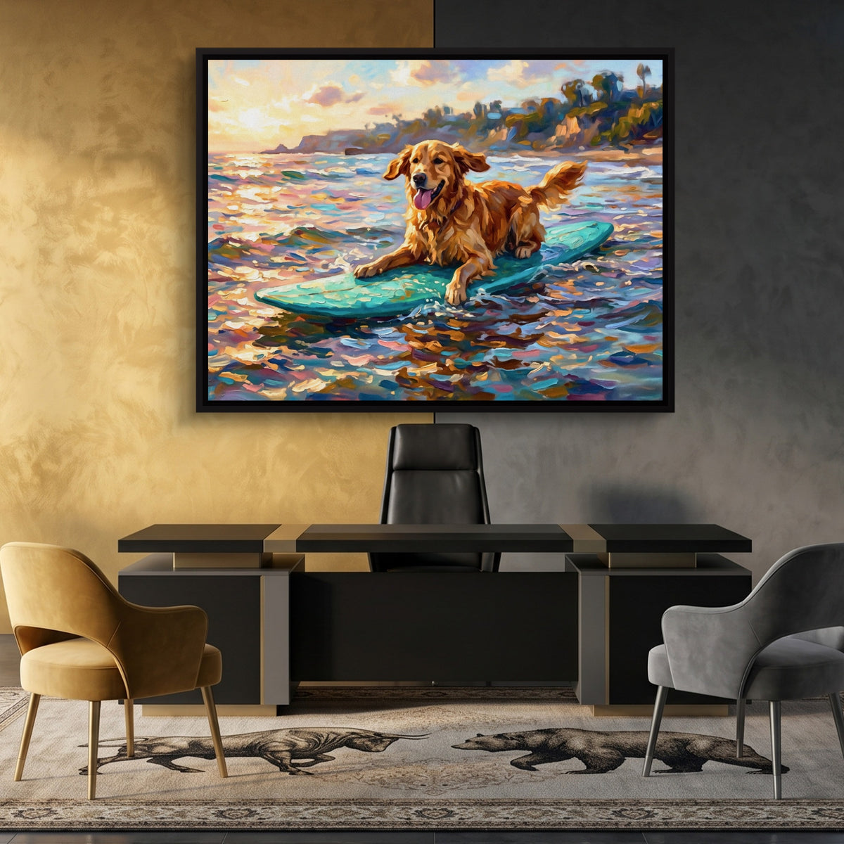 Golden Retriever Surfing — golden retriever surfing sq bvb split 1land framed black