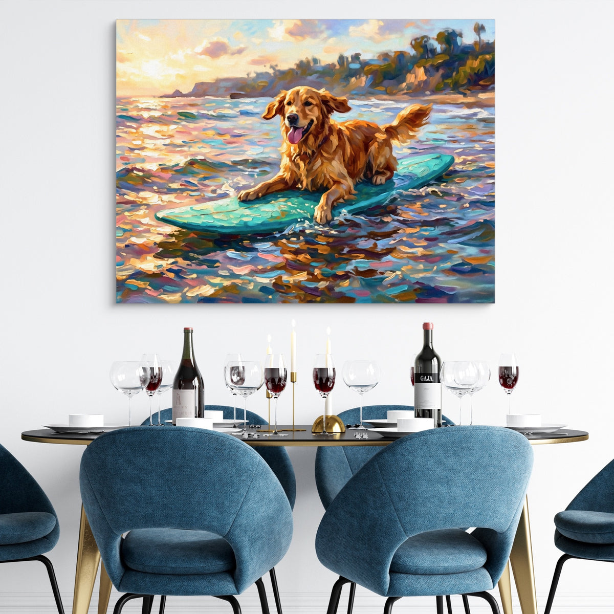 Golden Retriever Surfing — golden retriever surfing sq dining room tables 1land flush print