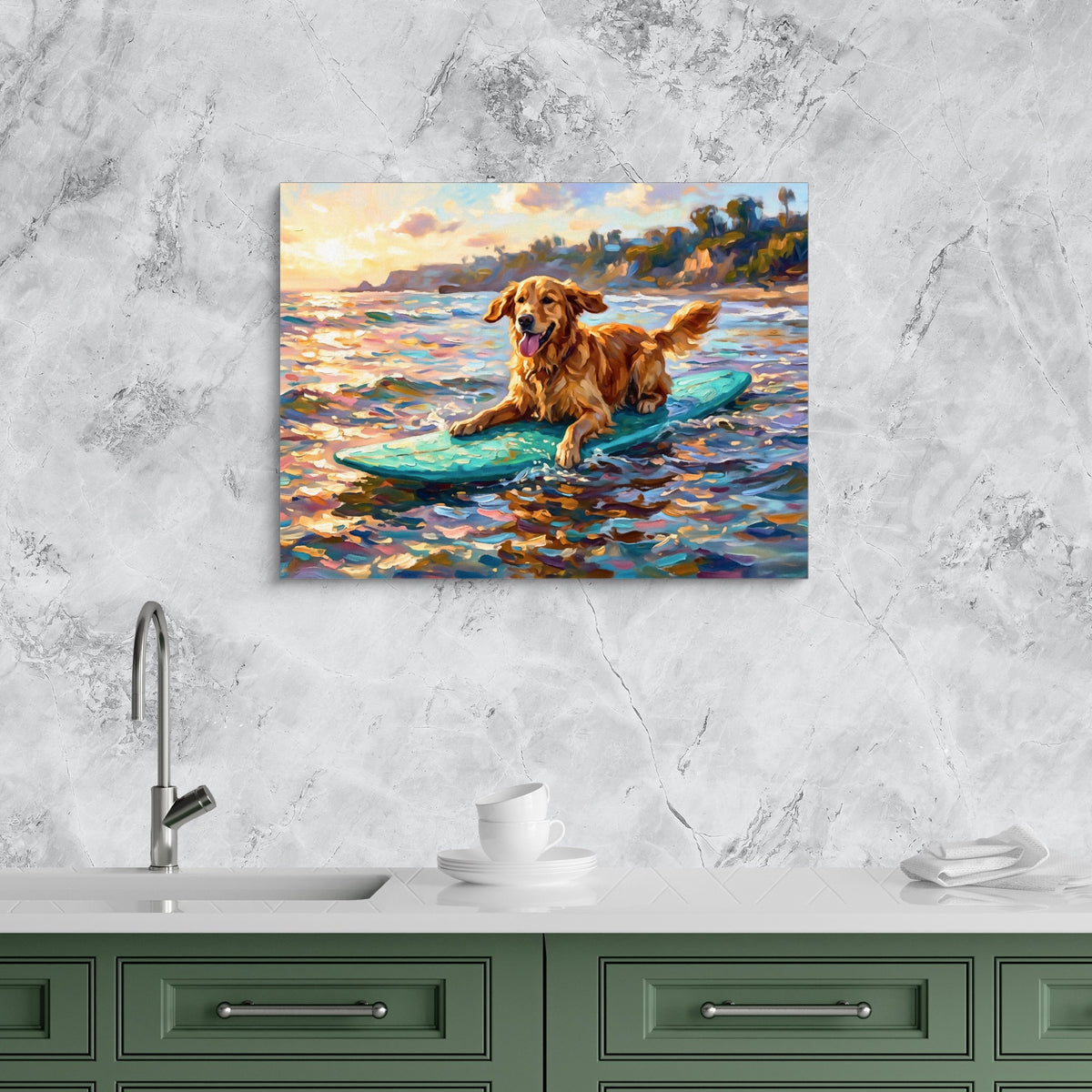 Golden Retriever Surfing — golden retriever surfing sq kitchen granite purple 1land flush print
