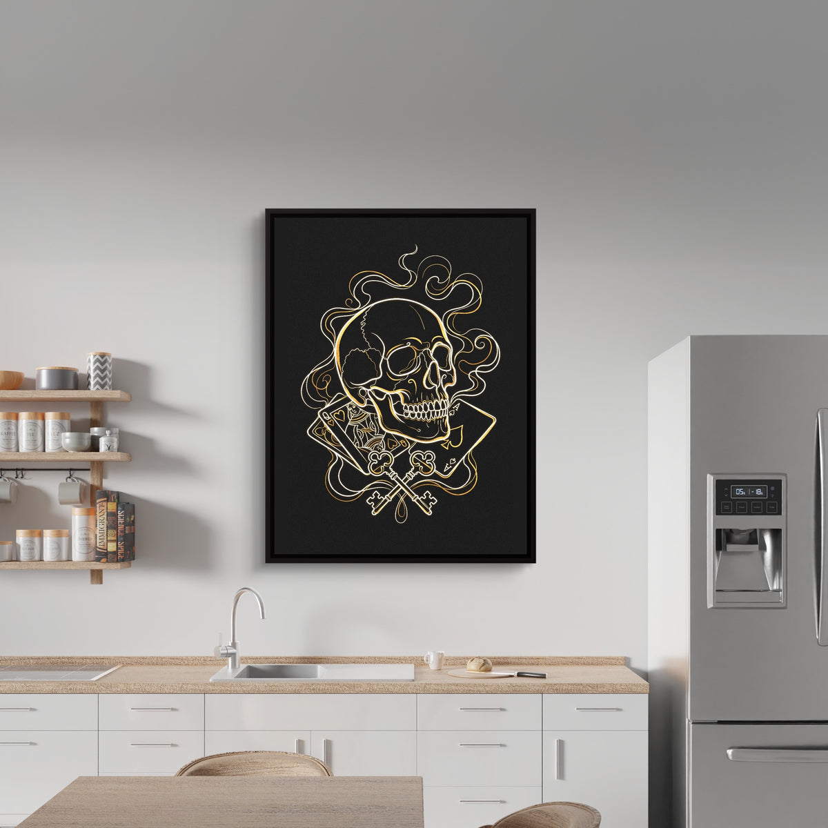 Golden Skull Vapor — golden skull vapor sq kitchen wall 1port framed black