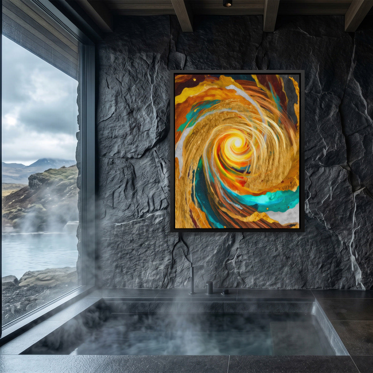 Golden Storm Spiral canvas wall art, room view