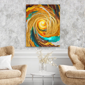 Golden Storm Spiral canvas wall art, room view