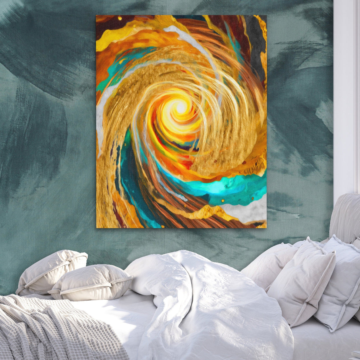 Golden Storm Spiral canvas wall art, room view