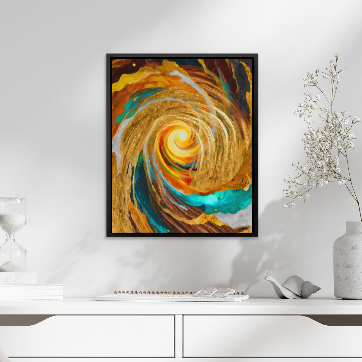 Golden Storm Spiral canvas wall art, room view
