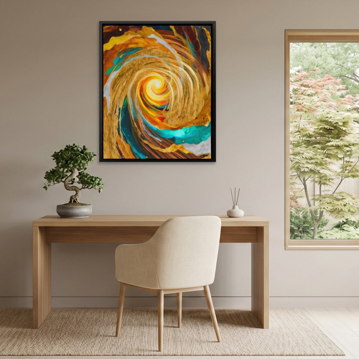 Golden Storm Spiral canvas wall art, room view