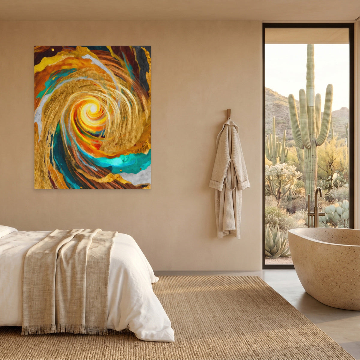 Golden Storm Spiral canvas wall art, room view