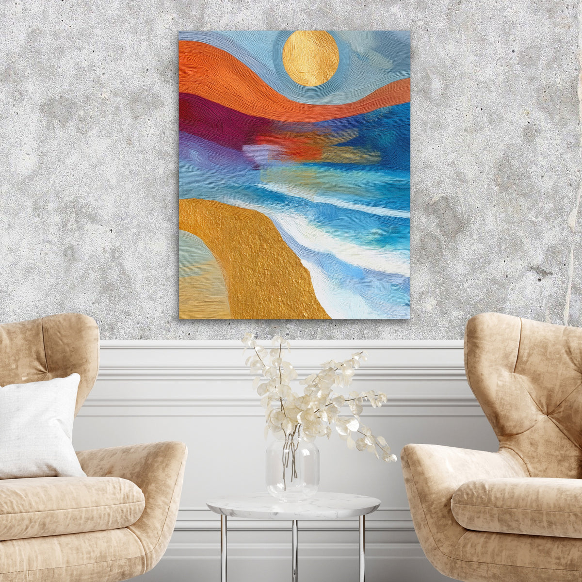 Golden Sun Seascape — Golden Sun Seascape Two Chairs Cement Wall 245