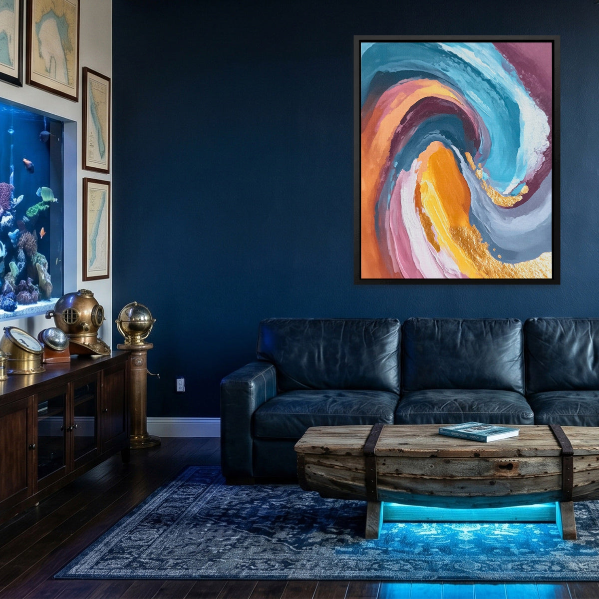 Golden Swirl Organic canvas wall art, room view