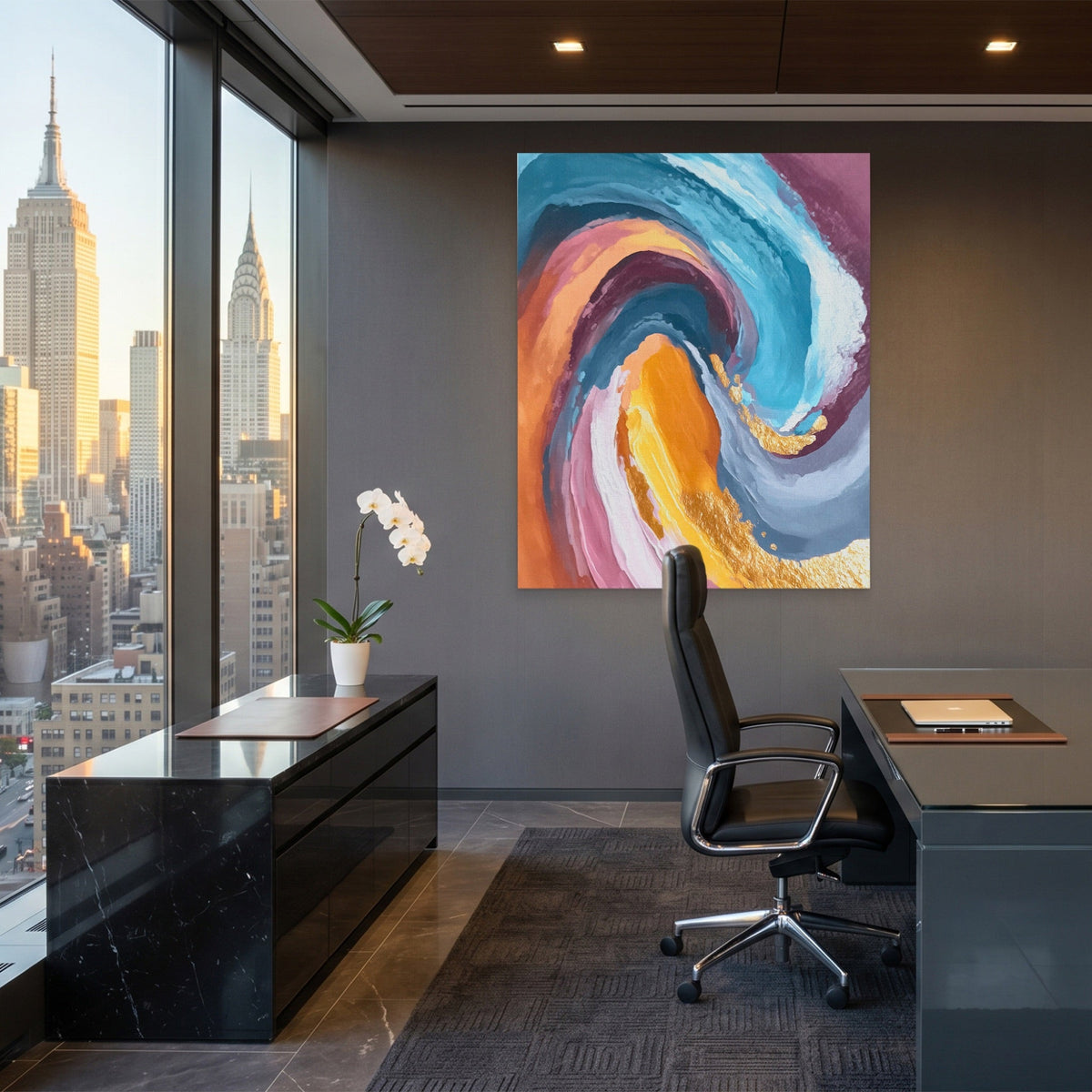 Golden Swirl Organic canvas wall art, room view