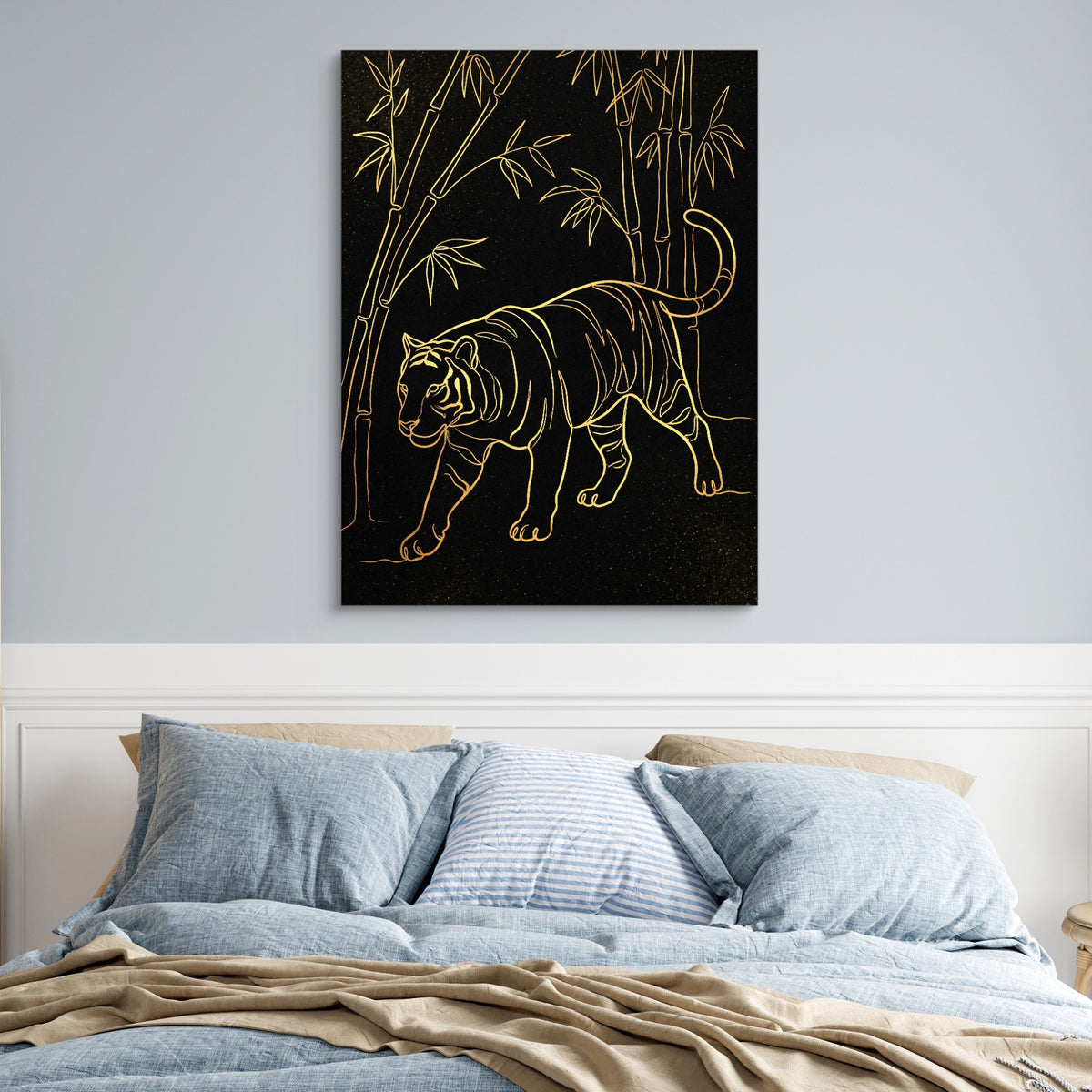 Golden Tiger Stroll — golden tiger stroll sq blue bedroom 1port flush print