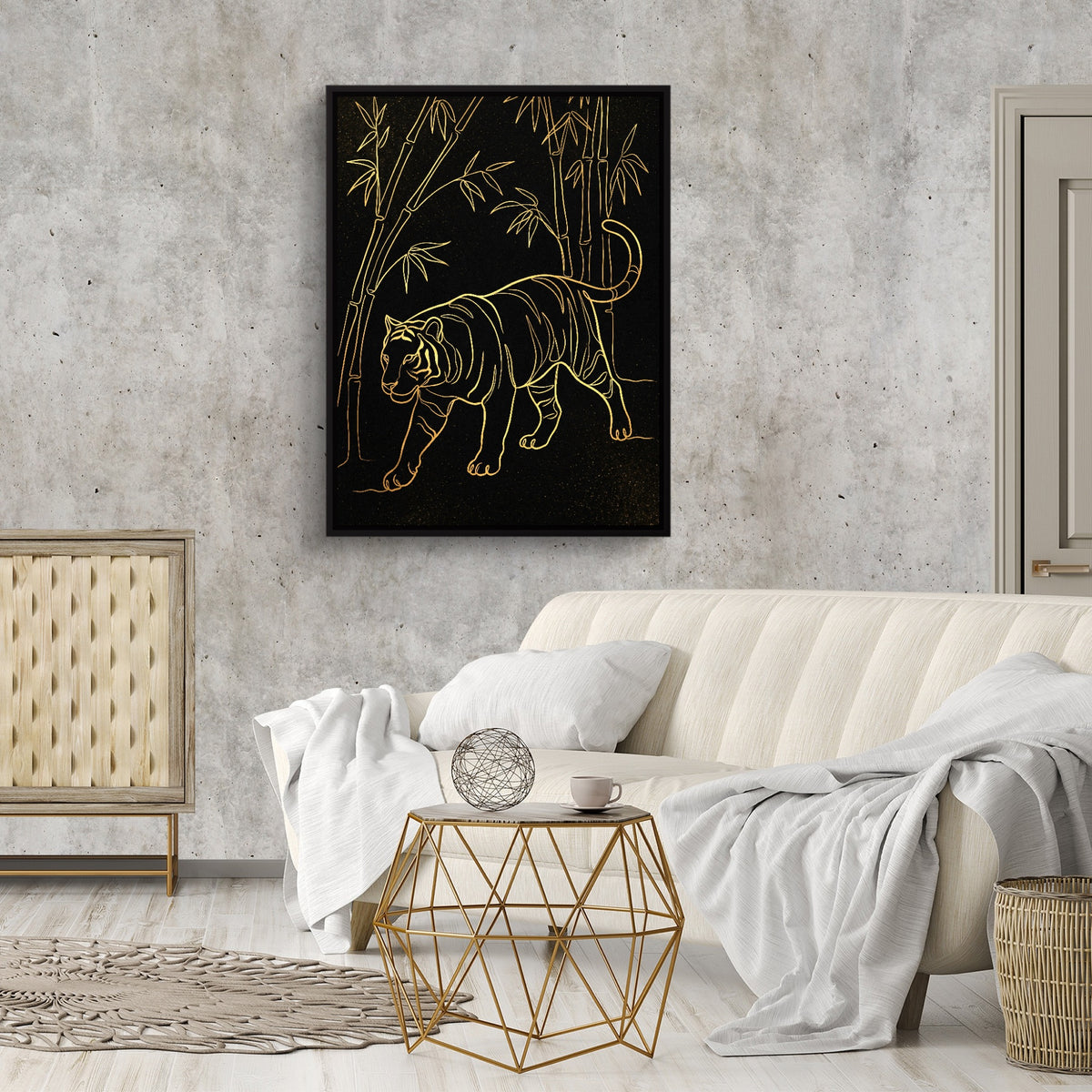 Golden Tiger Stroll — golden tiger stroll sq cement wall luxury room 1port framed black