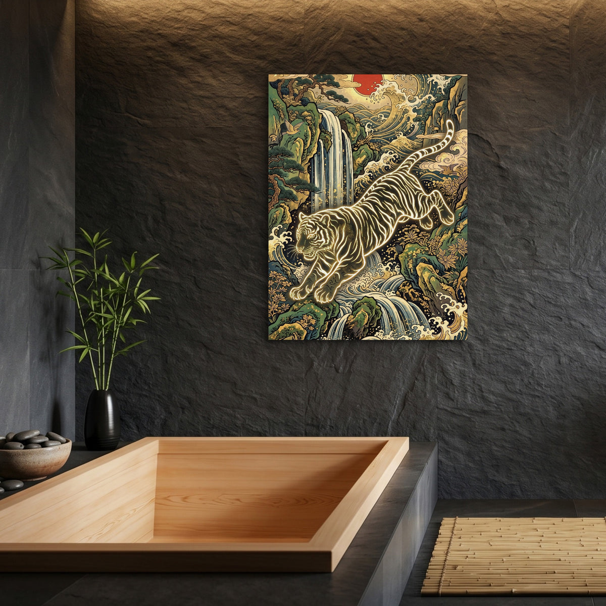 Golden Tiger Waterfall — golden tiger waterfall sq bamboo bathroom 1port flush print
