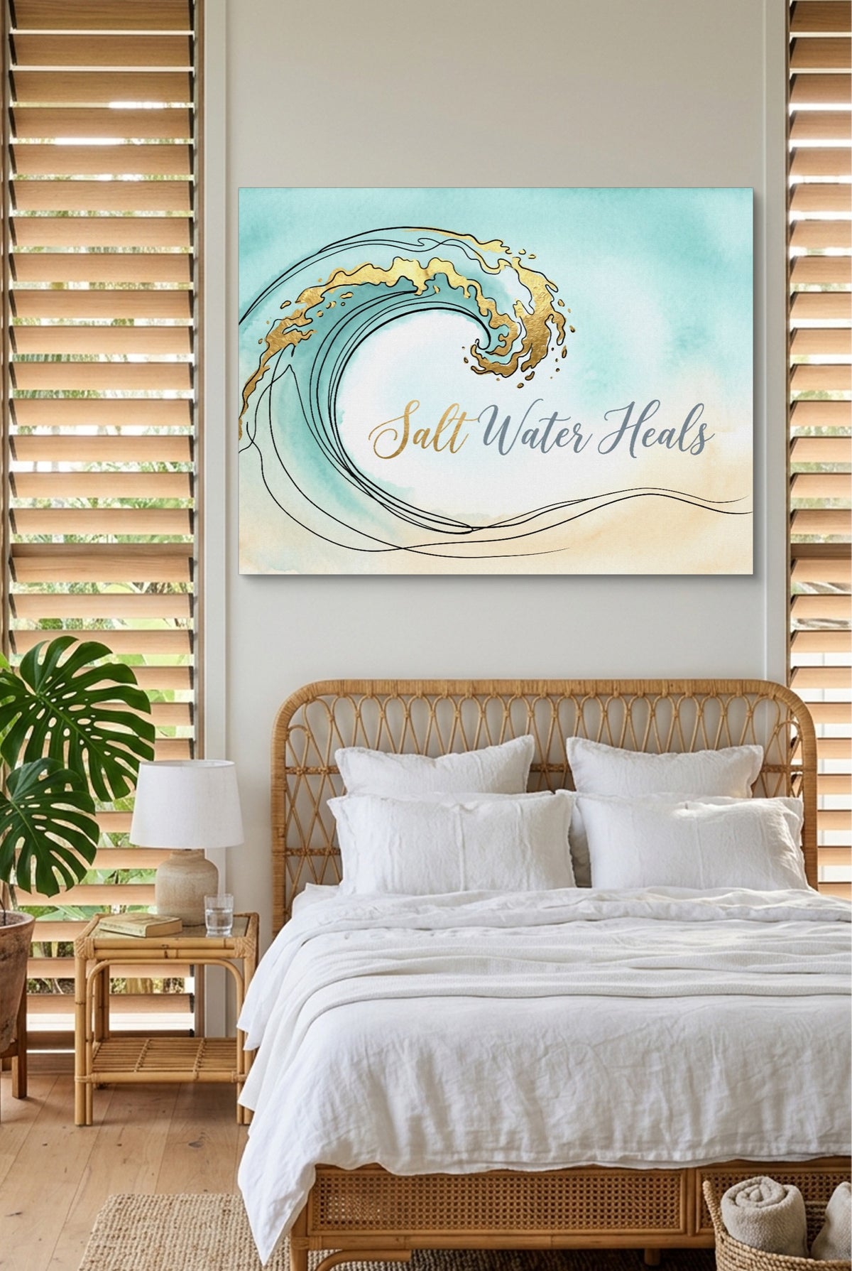 Golden Wave Crest — golden wave crest p bedroom with window blinds 1land flush print