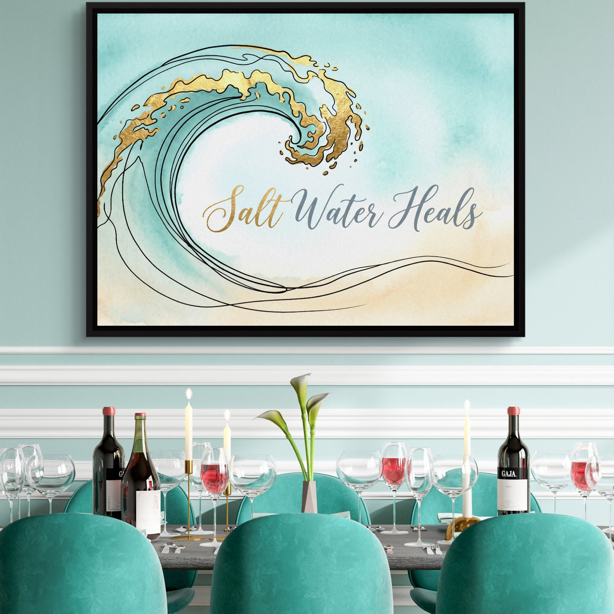 Golden Wave Crest — golden wave crest sq teal dining room 1land framed black