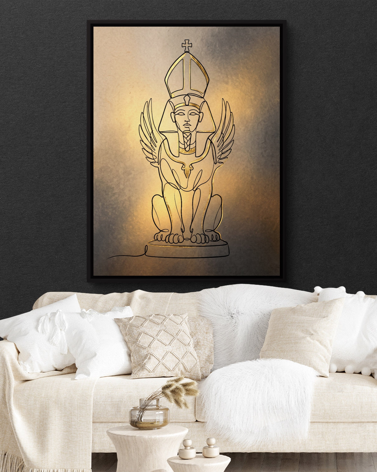 Golden Winged Sphinx — golden winged sphinx psd black wall white couch 1port framed black