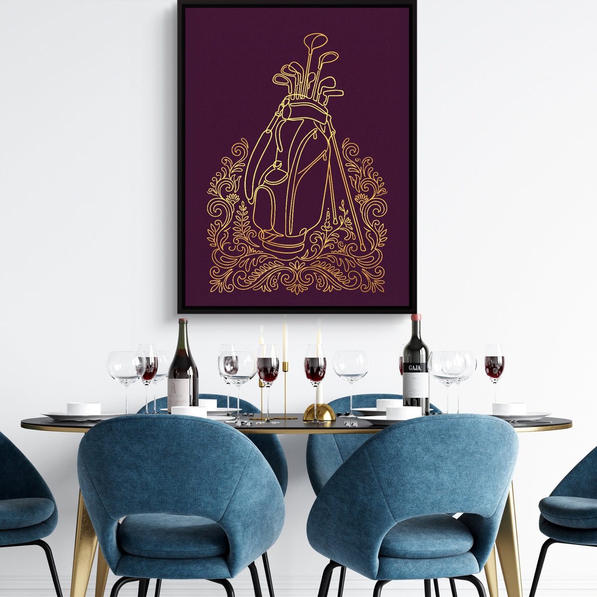 Golf Clubs Golden Ornate — golf clubs golden ornate sq dining room tables 1port framed black