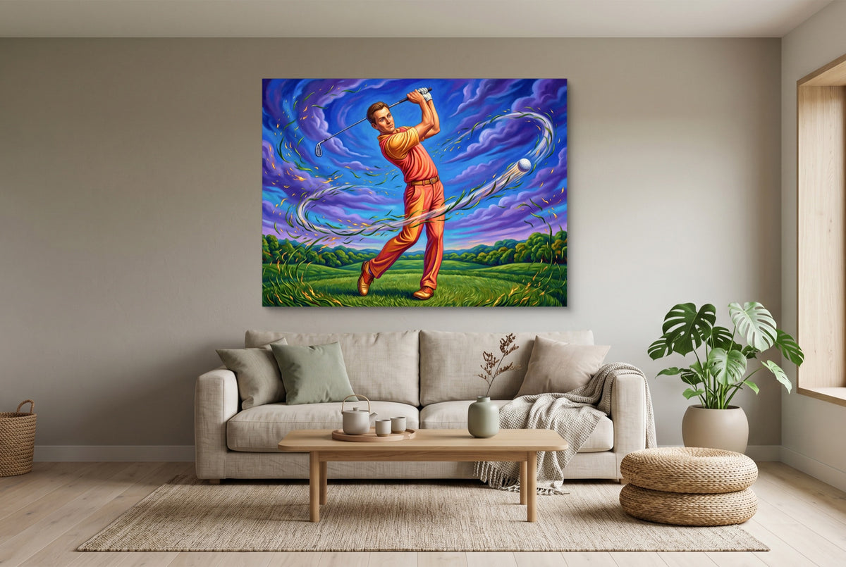 Golfer Cosmic Swing — golfer cosmic swing living room interior view 2 1land flush print