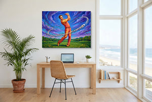 Golfer Cosmic Swing — golfer cosmic swing office space with desk chair 1land flush print