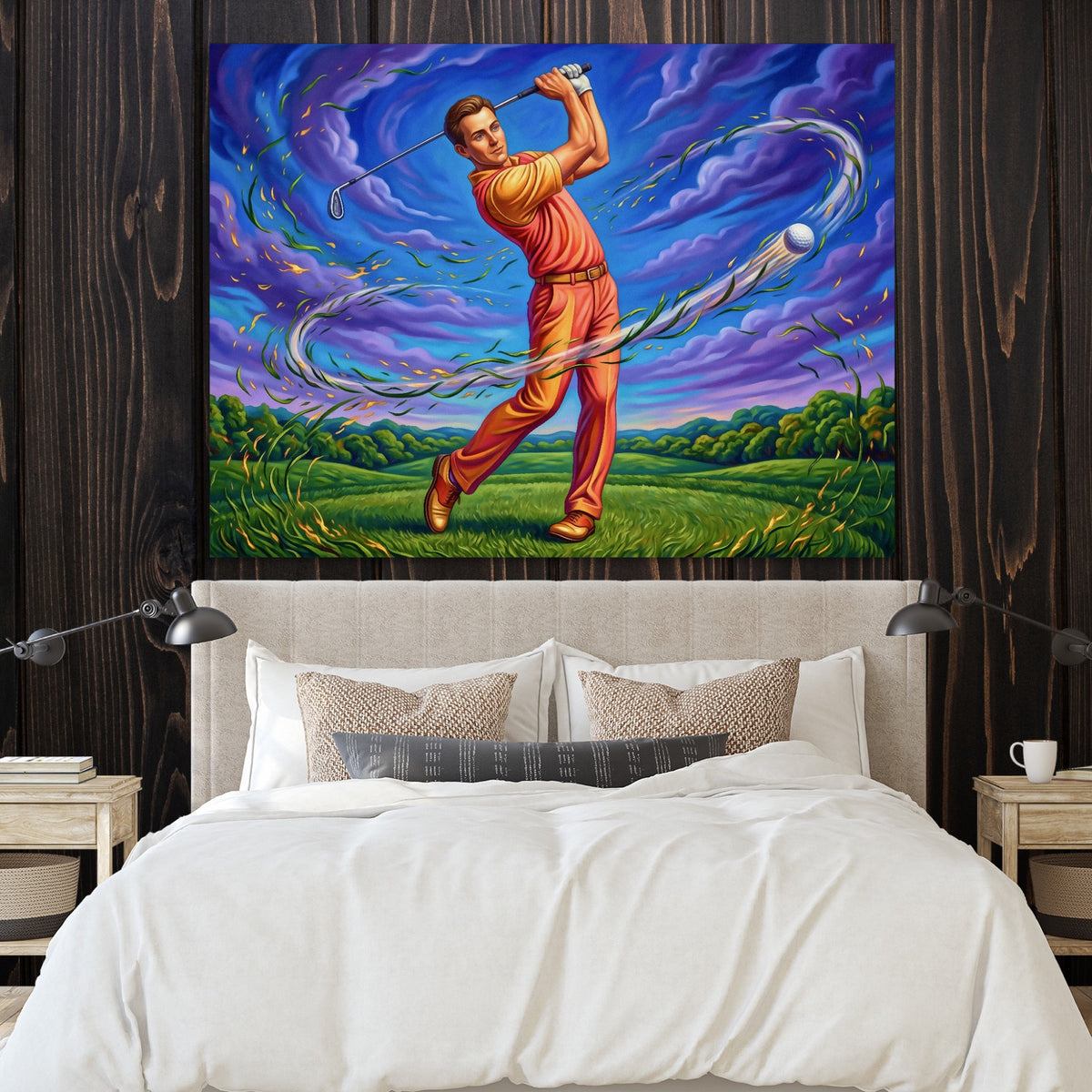 Golfer Cosmic Swing — golfer cosmic swing sq bedroom with wood walls 1land flush print