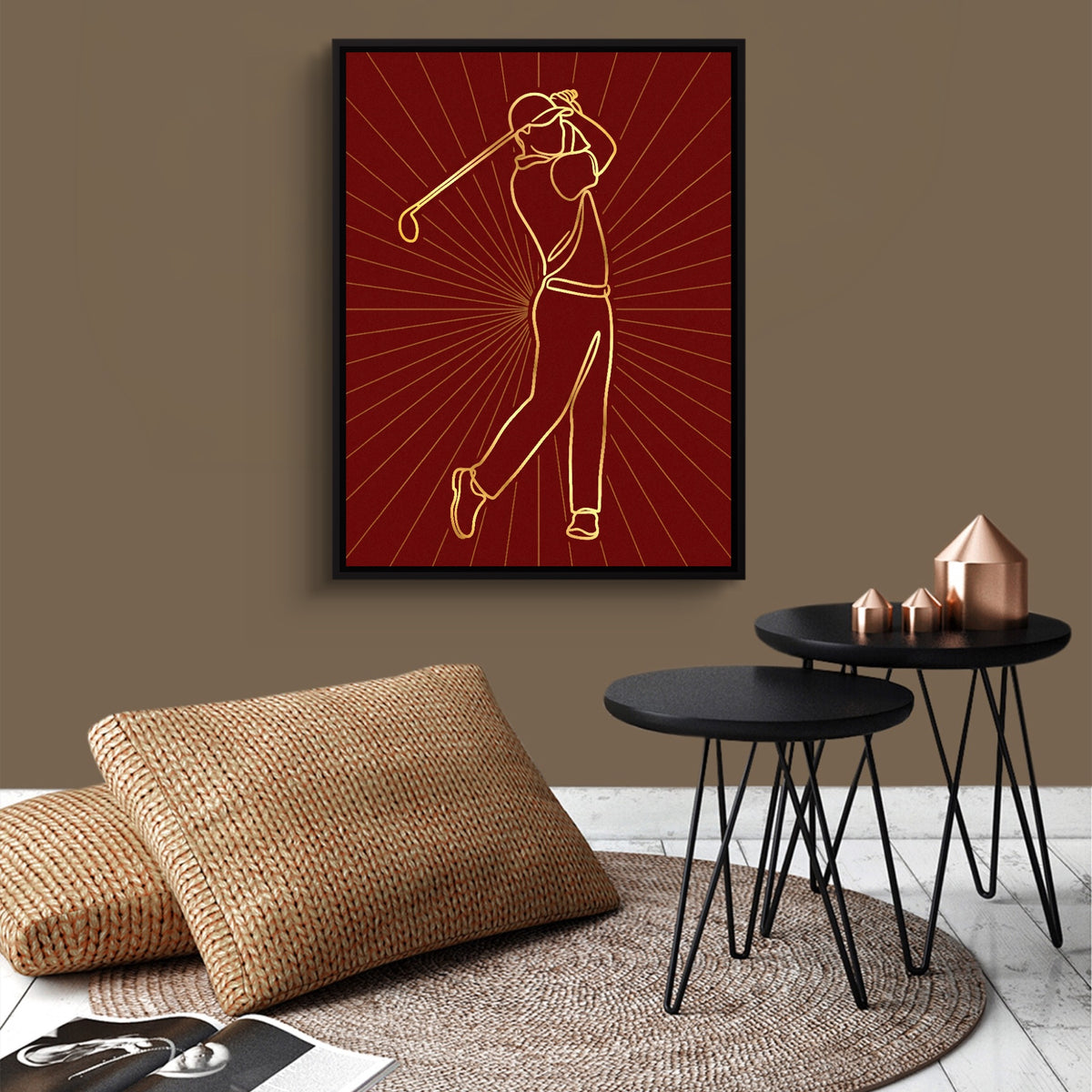 Golfer Golden Swing — golfer golden swing sq brown wallroom 1port framed black
