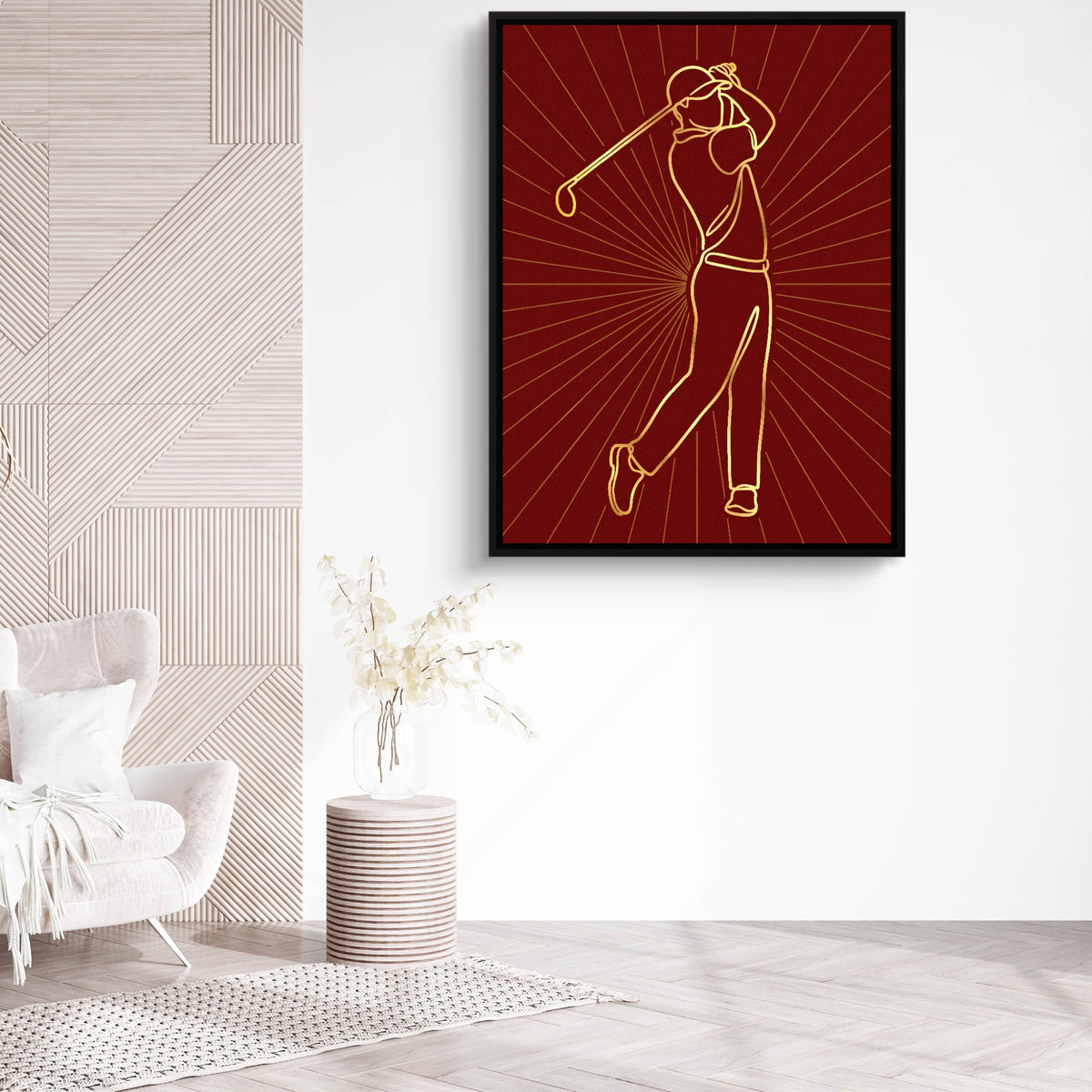 Golfer Golden Swing — golfer golden swing sq white chair wall 1port framed black