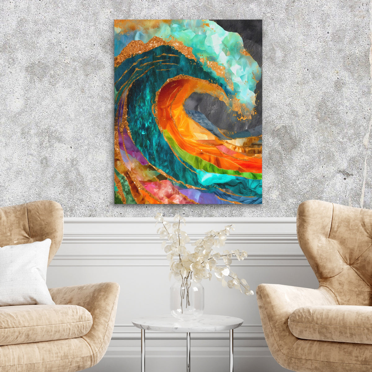 Great Wave Reimagined — Great Wave Reimagined Two Chairs Cement Wall 250