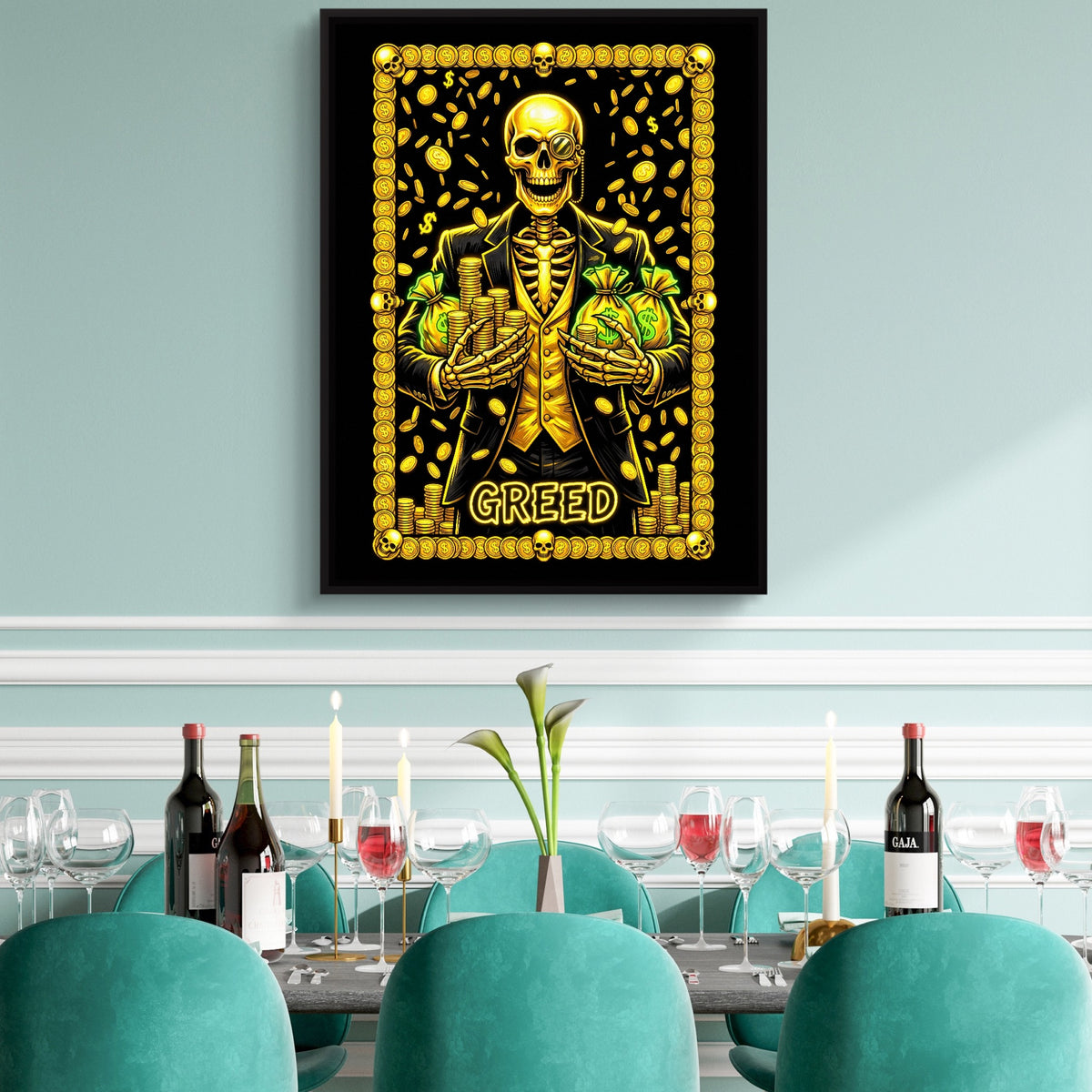 Greed's Grasping Hand — greed's grasping hand sq teal dining room 1port framed black