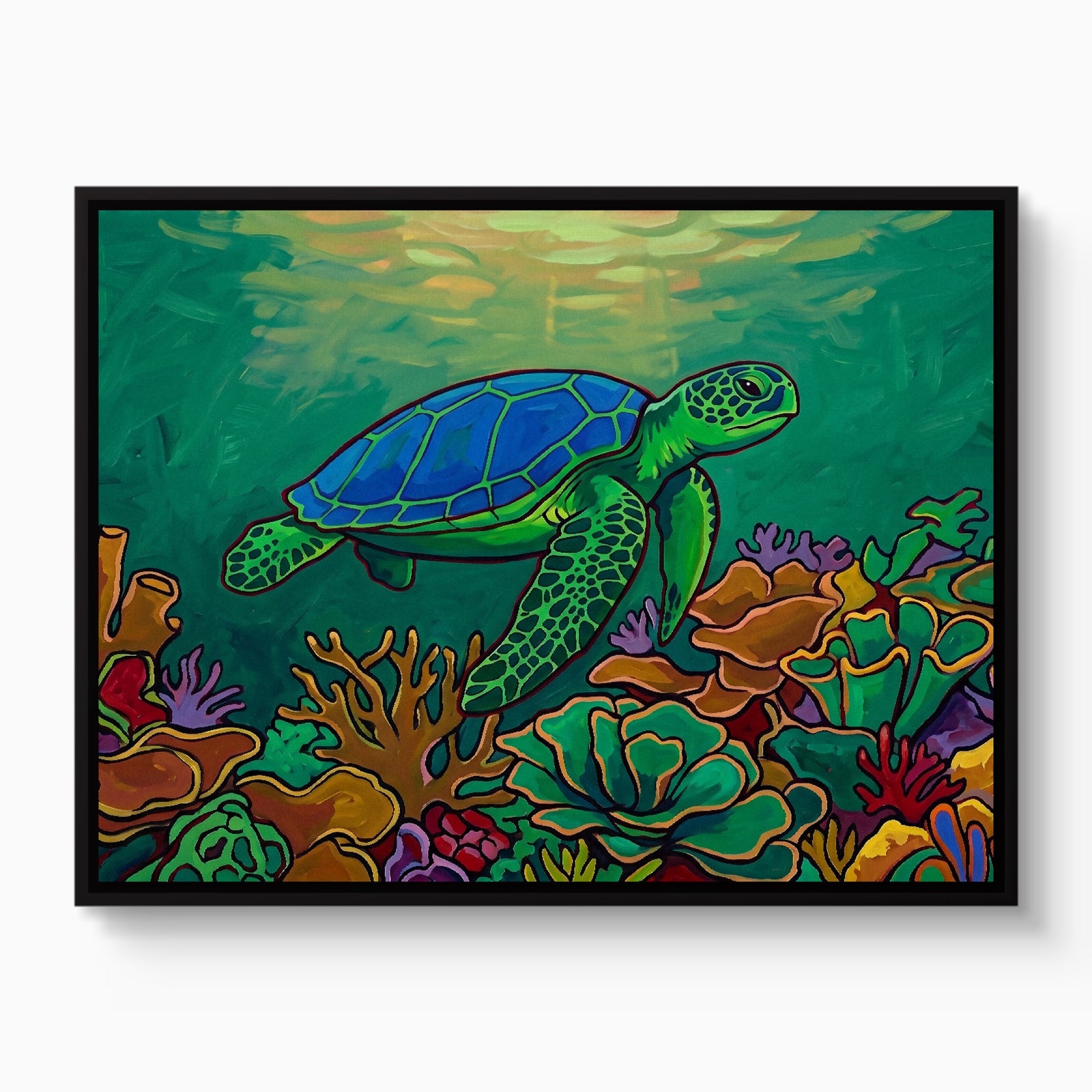 Green Turtle Gliding — green turtle gliding white studio framed black
